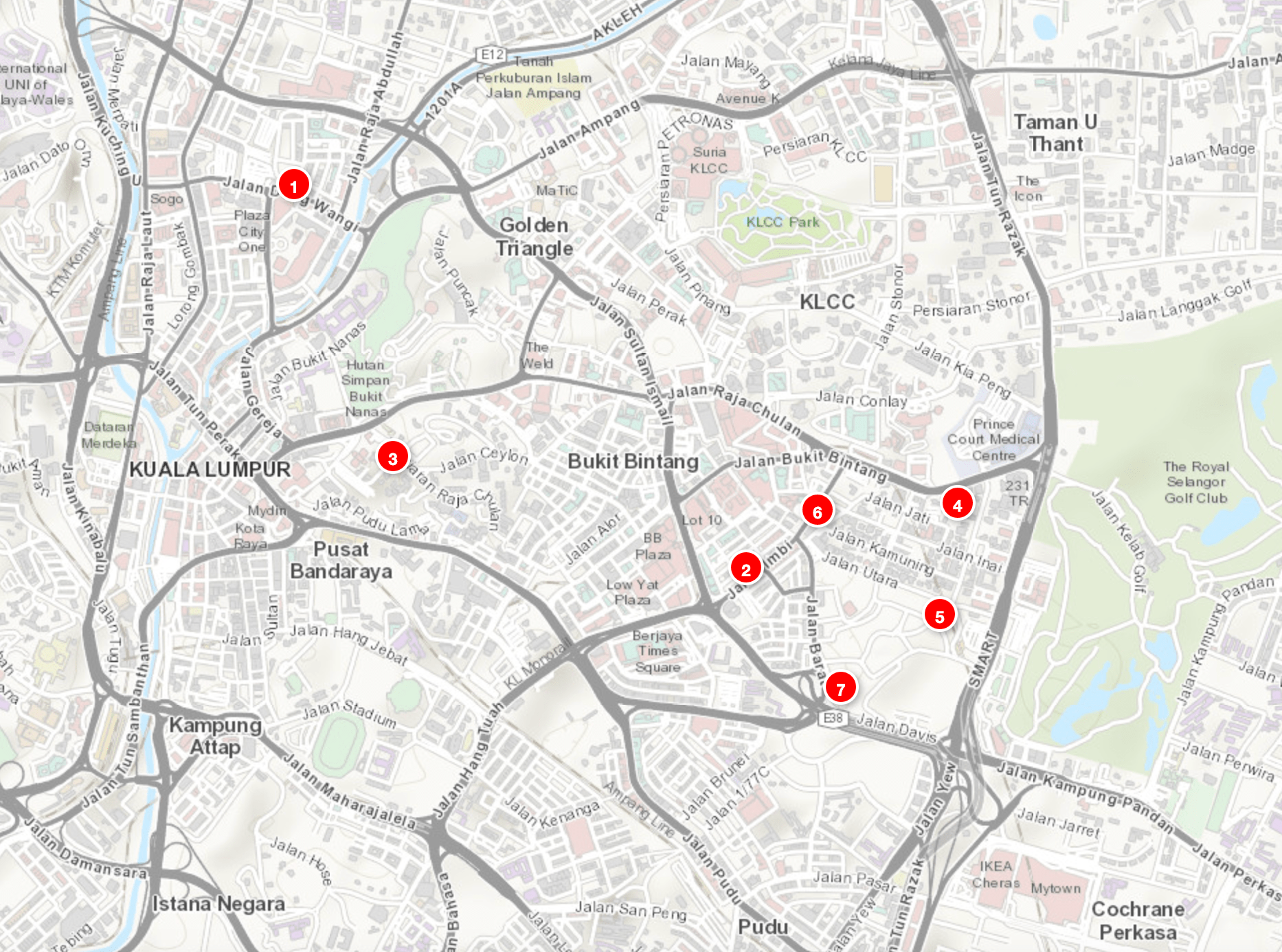 Map of Central Business District in Kuala Lumpur highlighting existing serviced residences and suites priced above RM1,500 per square foot.