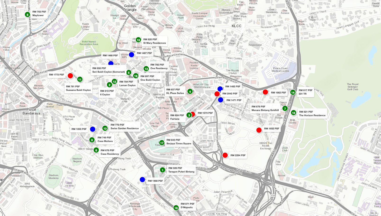 Map of Central Business District in Kuala Lumpur highlighting existing serviced residences and suites priced below RM1,000 per square foot.