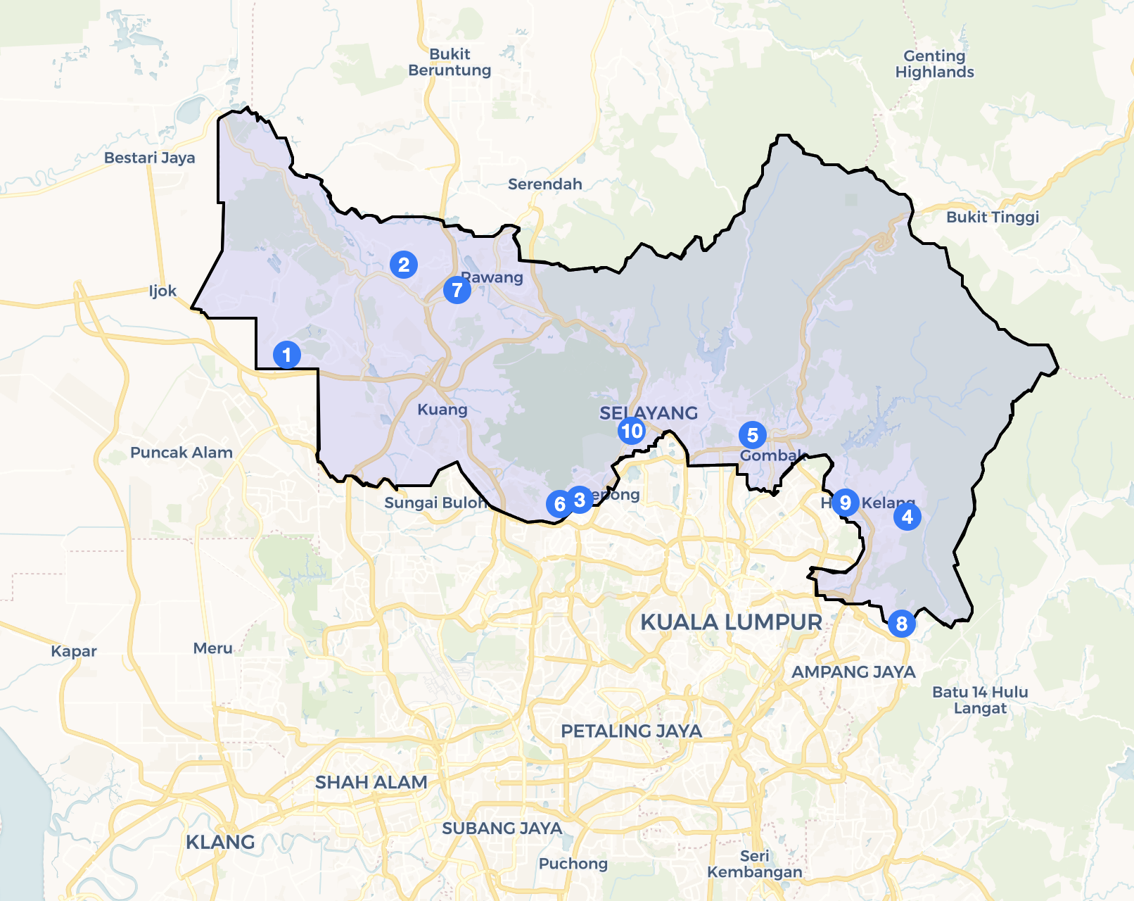 Map of Gombak District showing the top 10 most transacted locations from 2010 to 2023