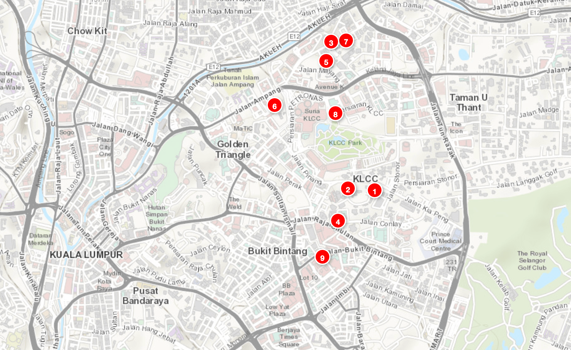 Map of KLCC and Golden Triangle in Kuala Lumpur highlighting existing serviced residences and suites priced above RM1,500 per square foot.