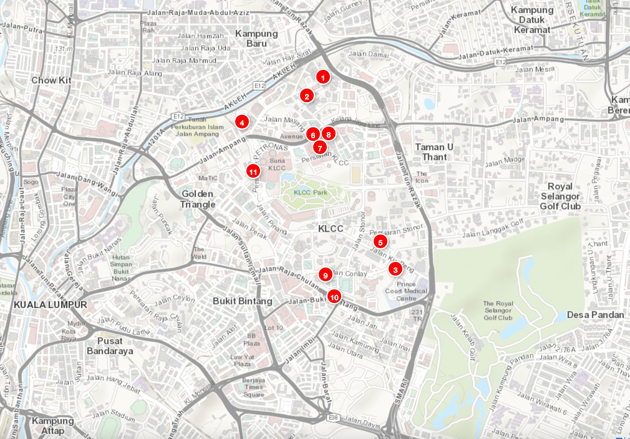 Map of KLCC and Golden Triangle in Kuala Lumpur highlighting upcoming serviced residences and suites priced above RM1,500 per square foot.