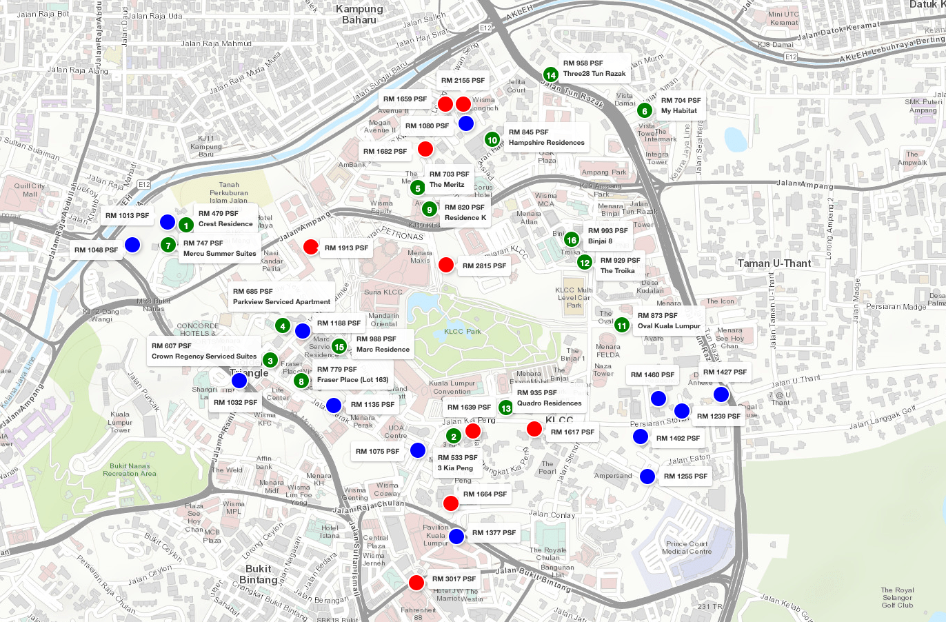 Map of KLCC and Golden Triangle in Kuala Lumpur highlighting existing serviced residences and suites priced below RM1,000 per square foot.